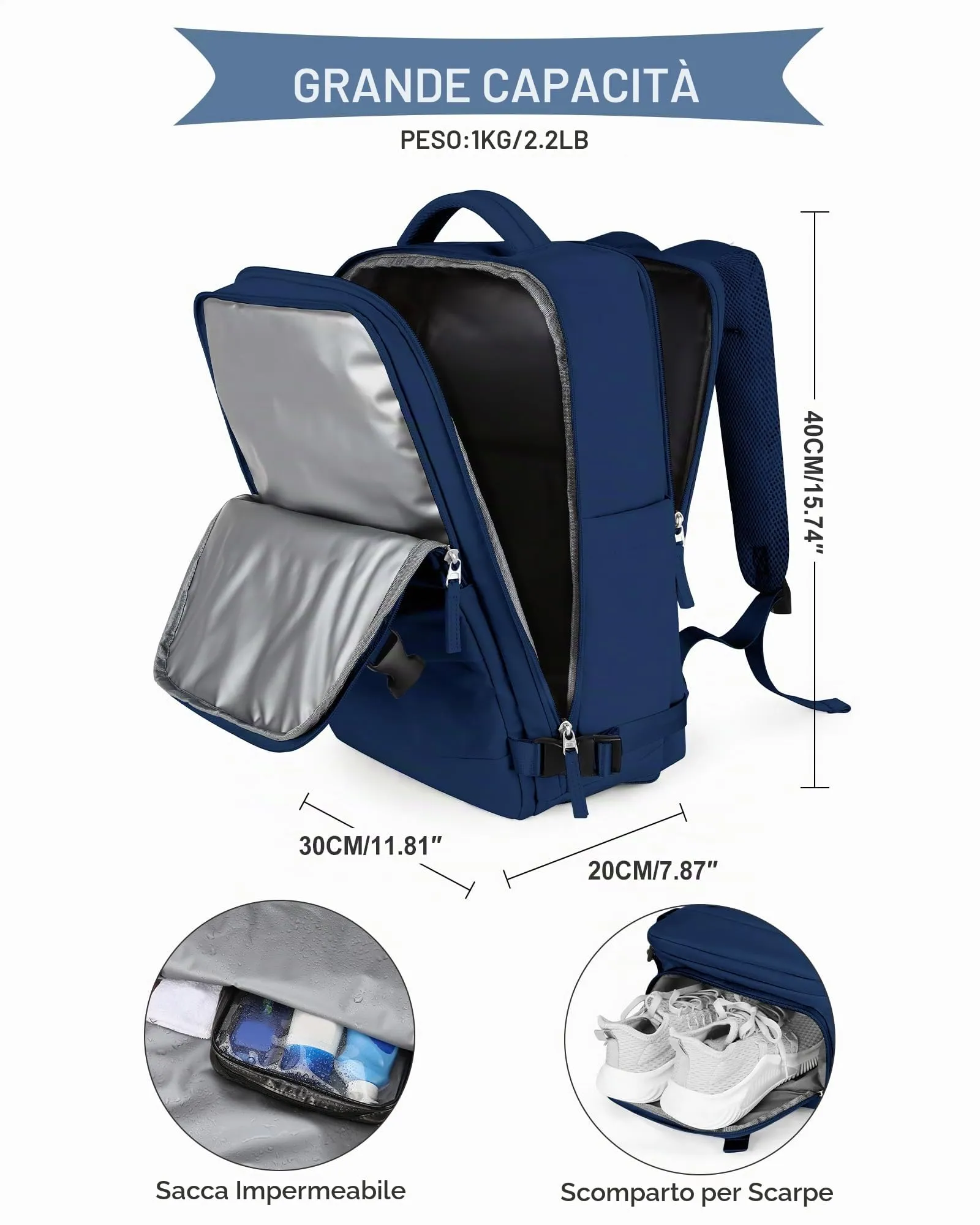 SZLX Zaino da Viaggio Bagaglio a Mano Ryanair 40x30x20 Wizzair Easyjet per Laptop 14 Pollici con Porta Scarpe - immagine 3