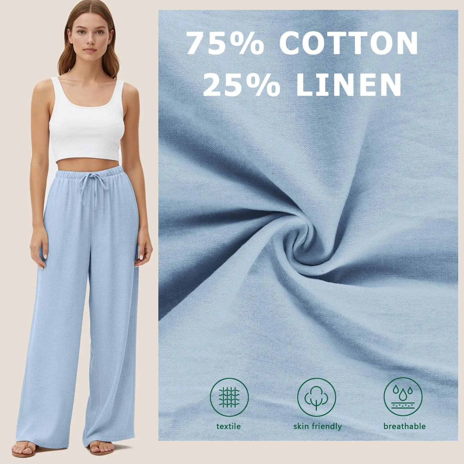 Neteson Pantaloni in Lino Donna a Gamba Larga con Vita Elastica - immagine 3