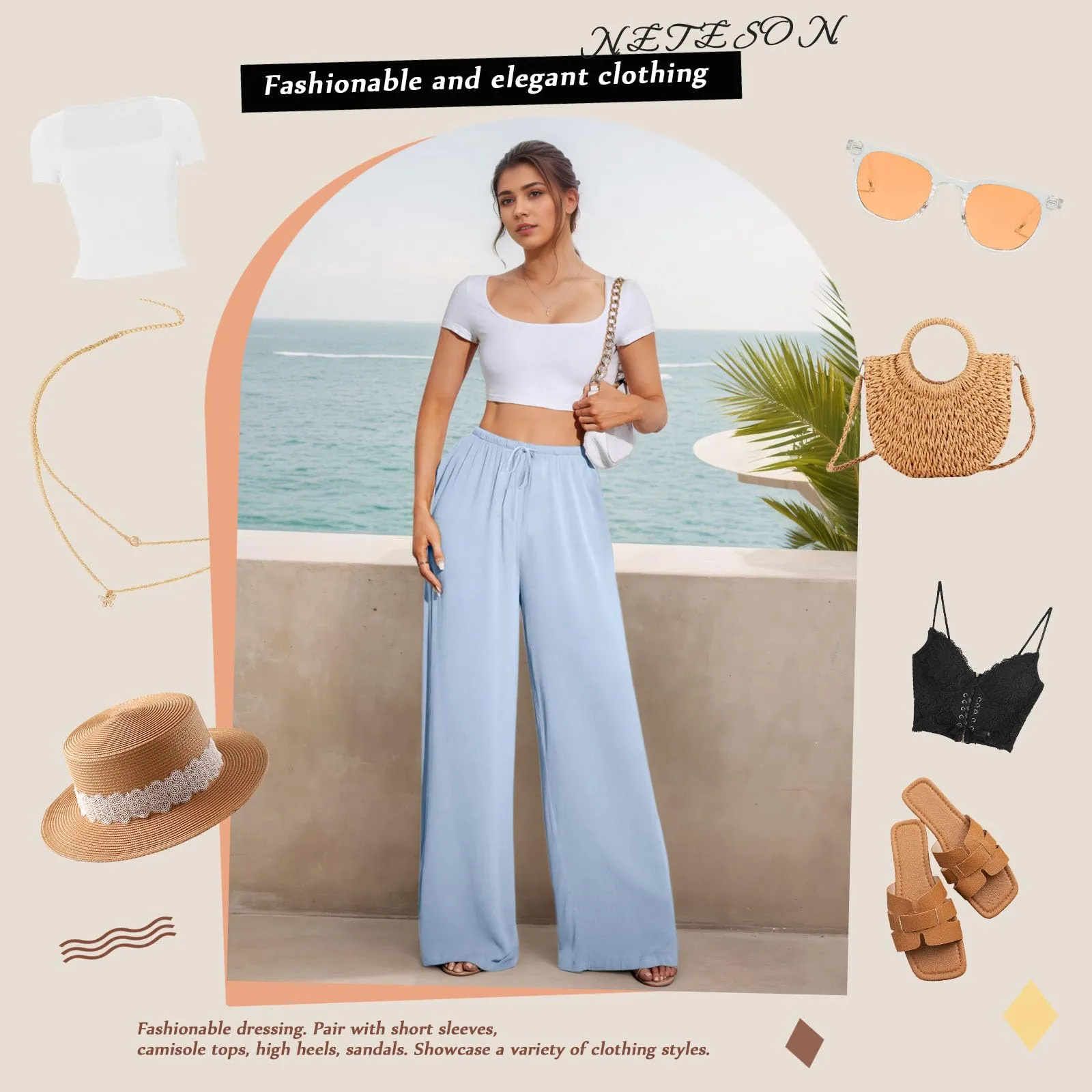 Neteson Pantaloni in Lino Donna a Gamba Larga con Vita Elastica - immagine 5