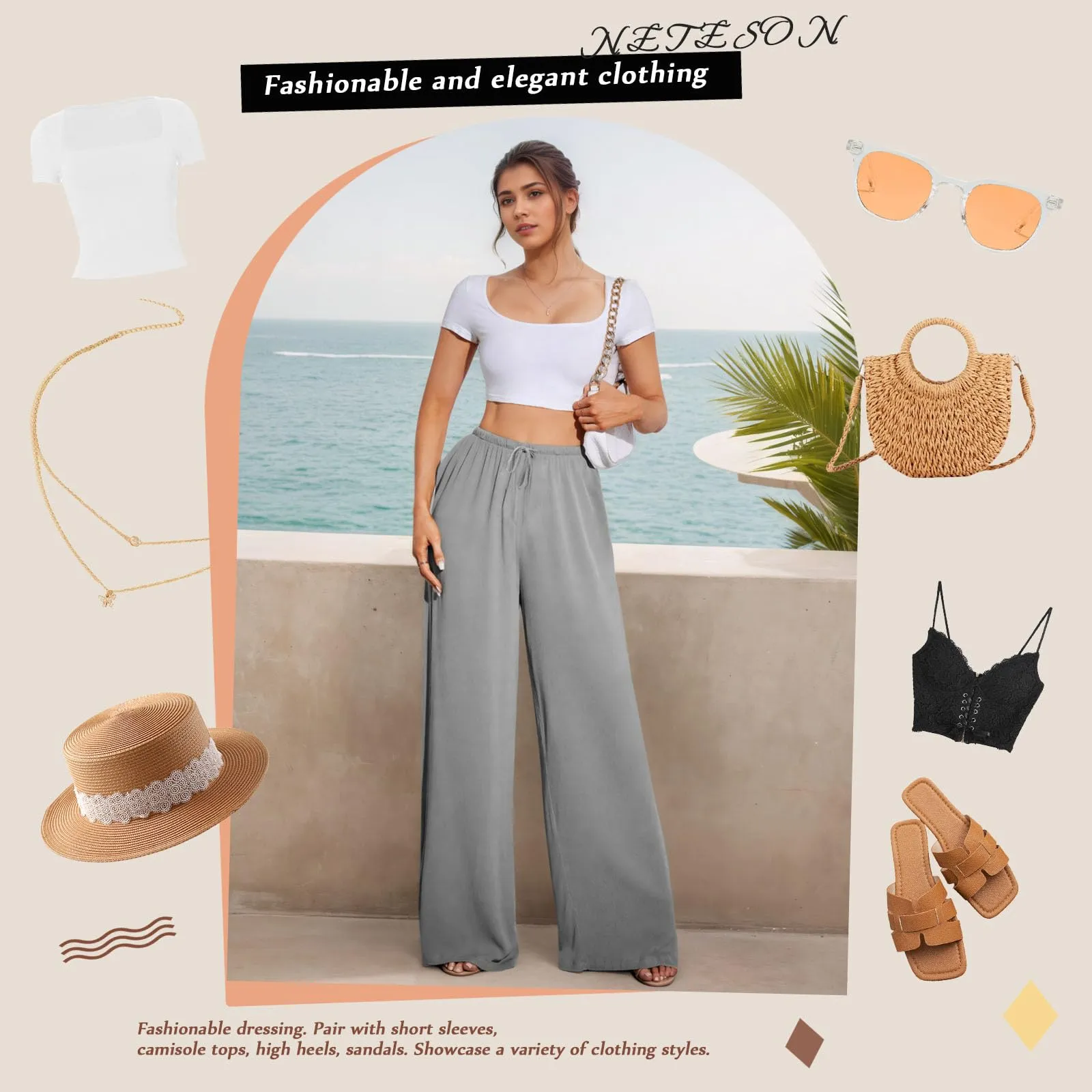 Neteson Pantaloni in Lino Donna a Gamba Larga con Vita Elastica - immagine 5