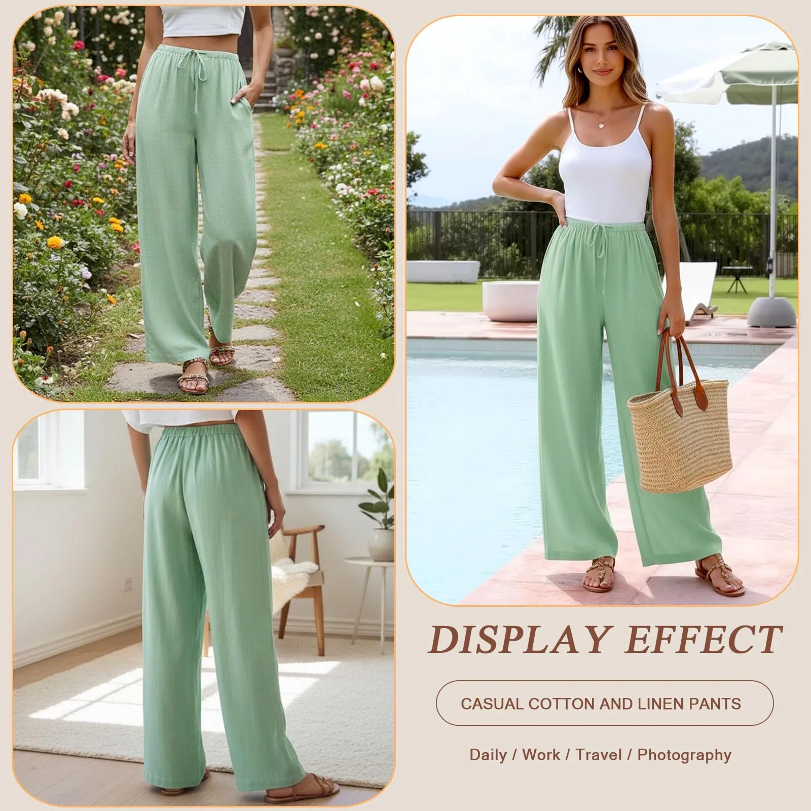 Neteson Pantaloni in Lino Donna a Gamba Larga con Vita Elastica - immagine 2