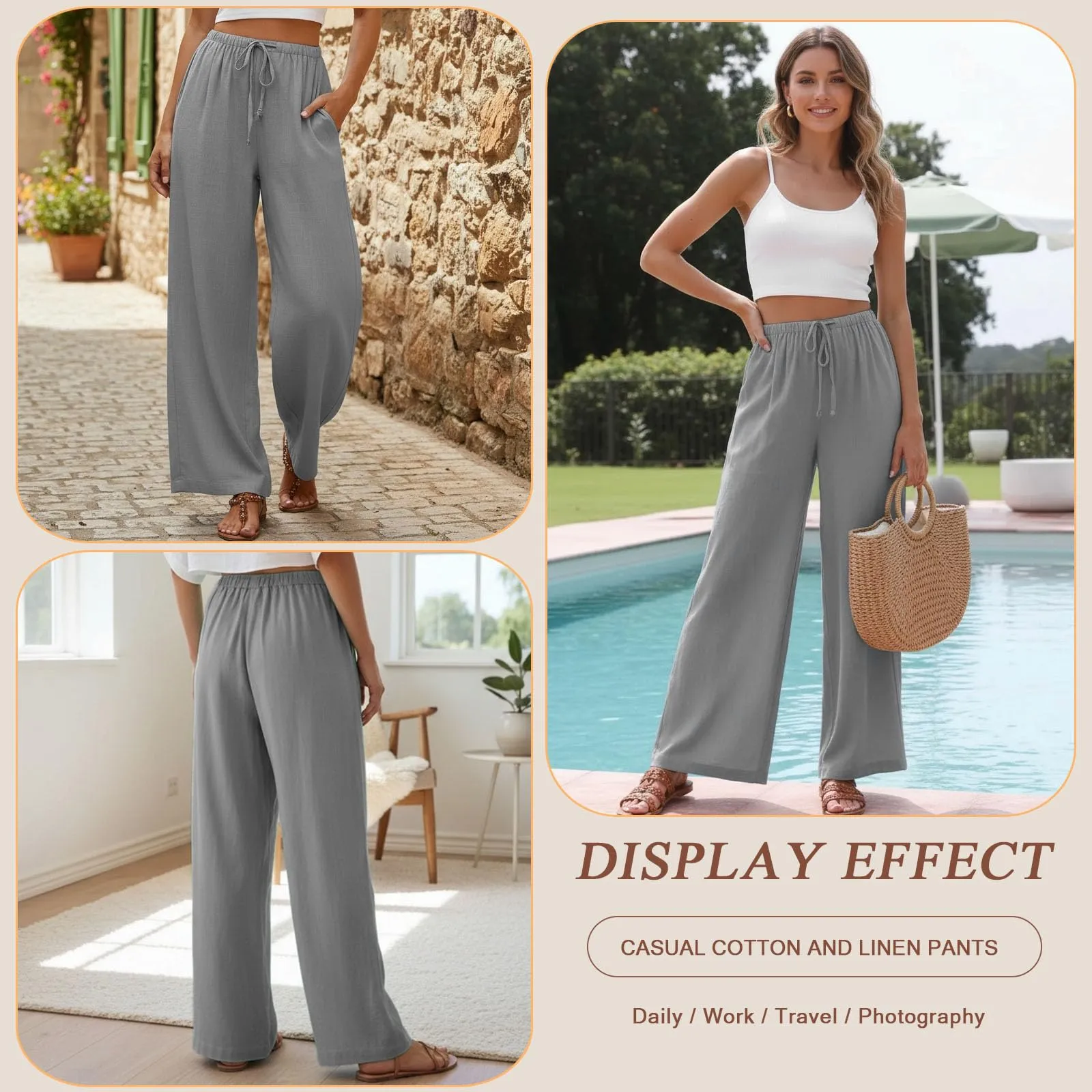 Neteson Pantaloni in Lino Donna Larghi con Vita Elastica - immagine 2