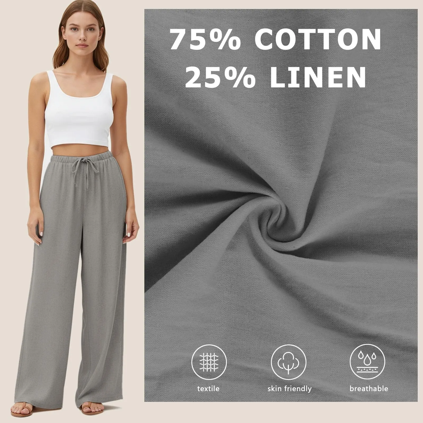 Neteson Pantaloni in Lino Donna Larghi con Vita Elastica - immagine 3