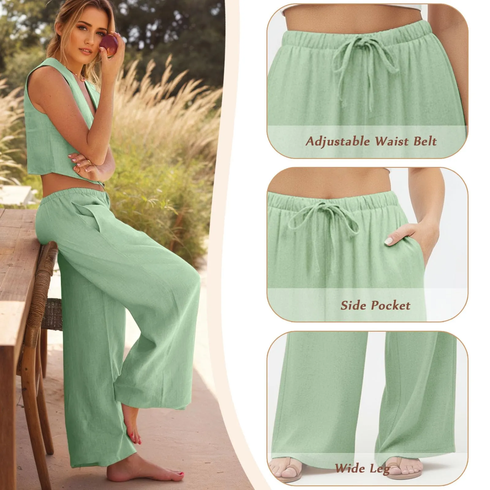 Neteson Pantaloni in Lino Donna Larghi con Vita Elastica - immagine 4