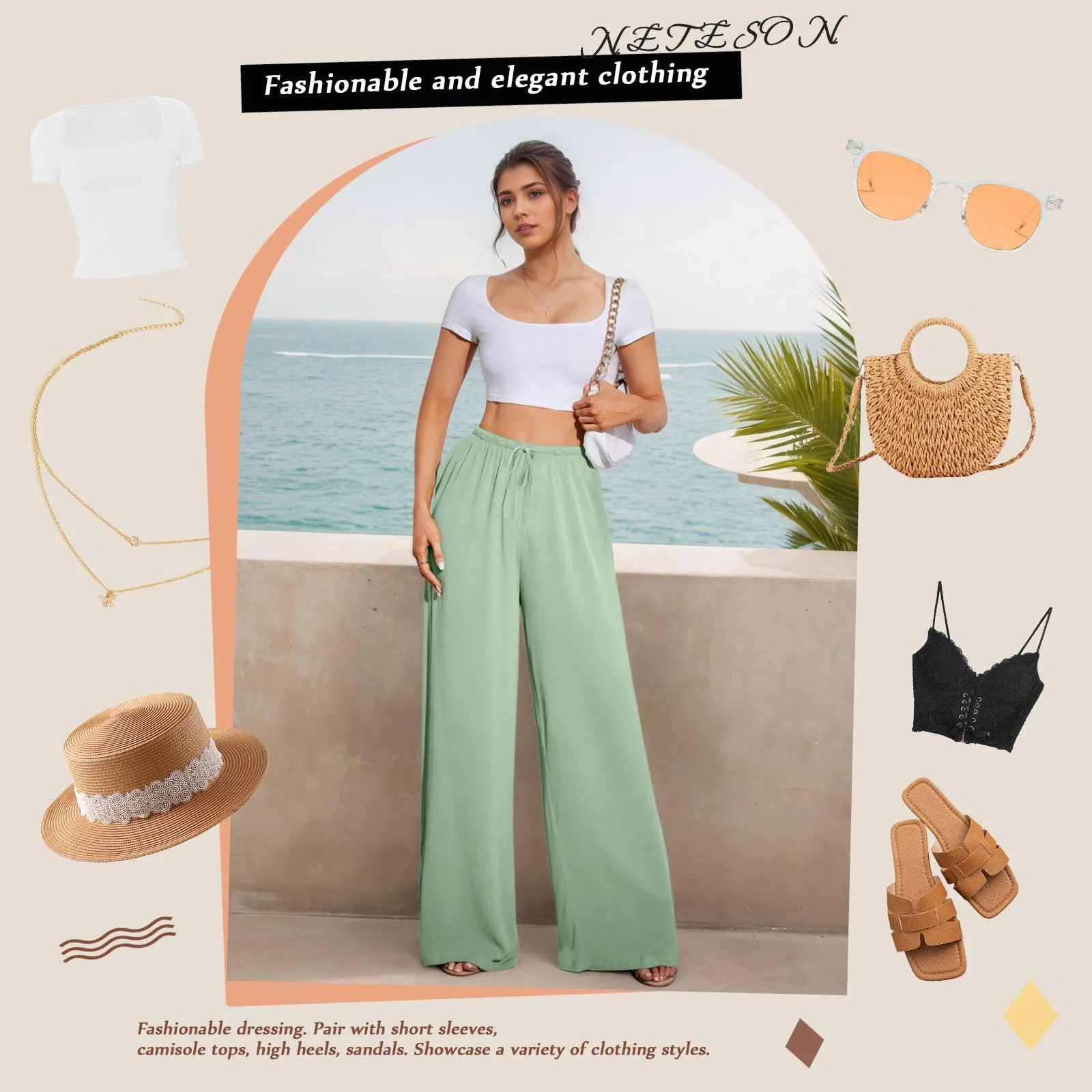 Neteson Pantaloni in Lino Donna Larghi con Vita Elastica, Verde Chiaro, XXL - immagine 5