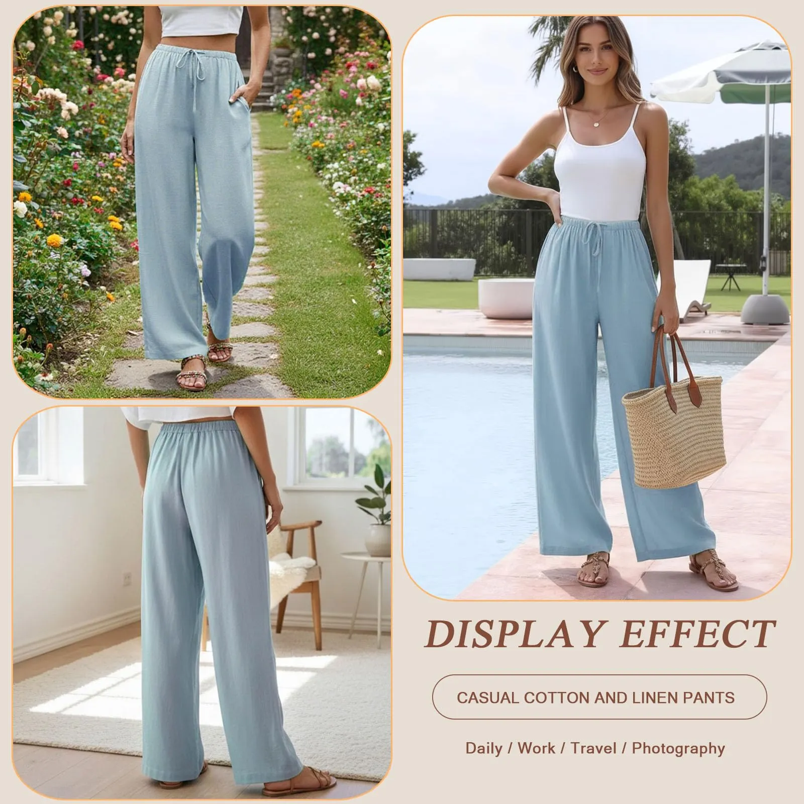 Neteson Pantaloni in Lino Donna Larghi con Vita Elastica - immagine 2