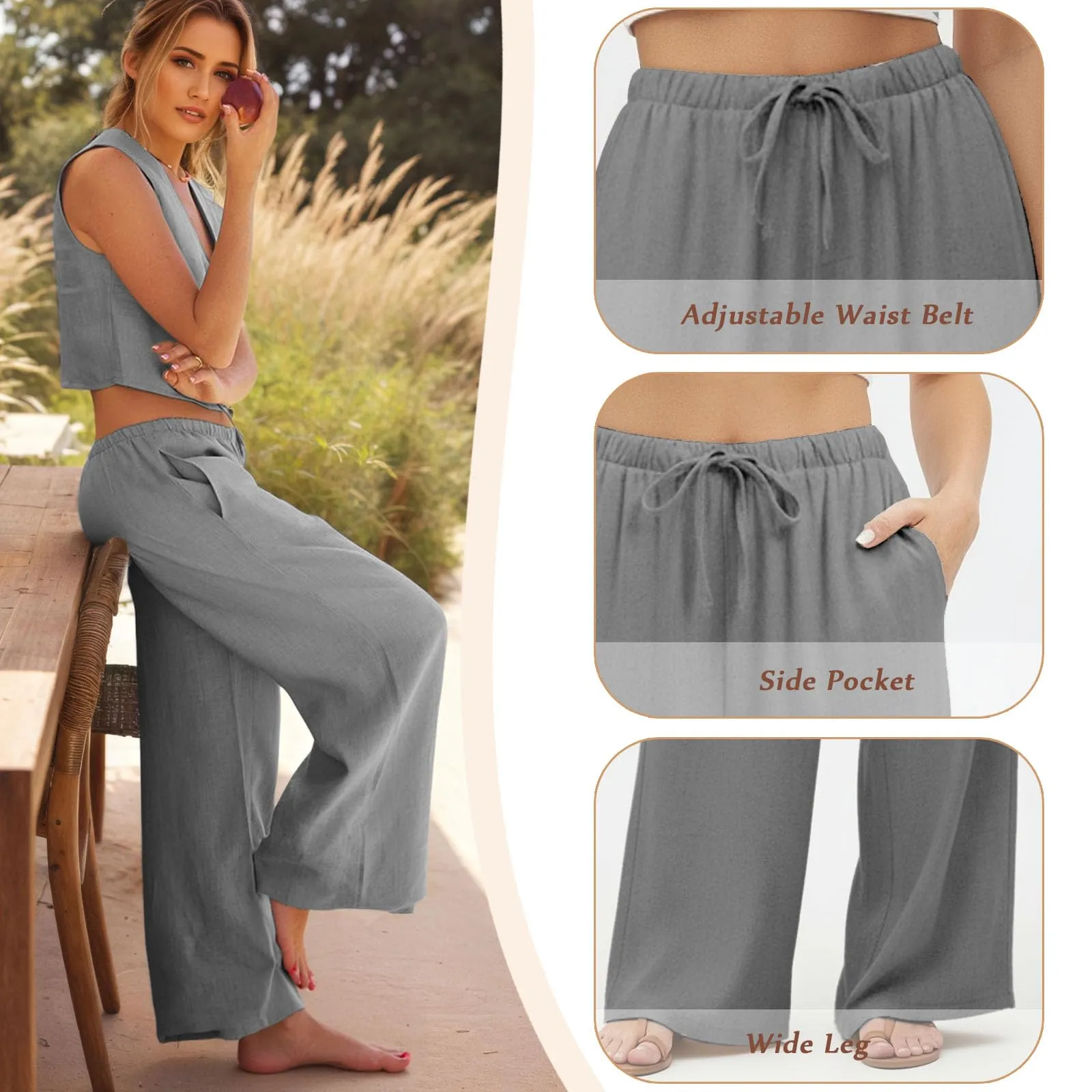 Neteson Pantaloni in Lino Donna Larghi a Vita Elastica - immagine 4