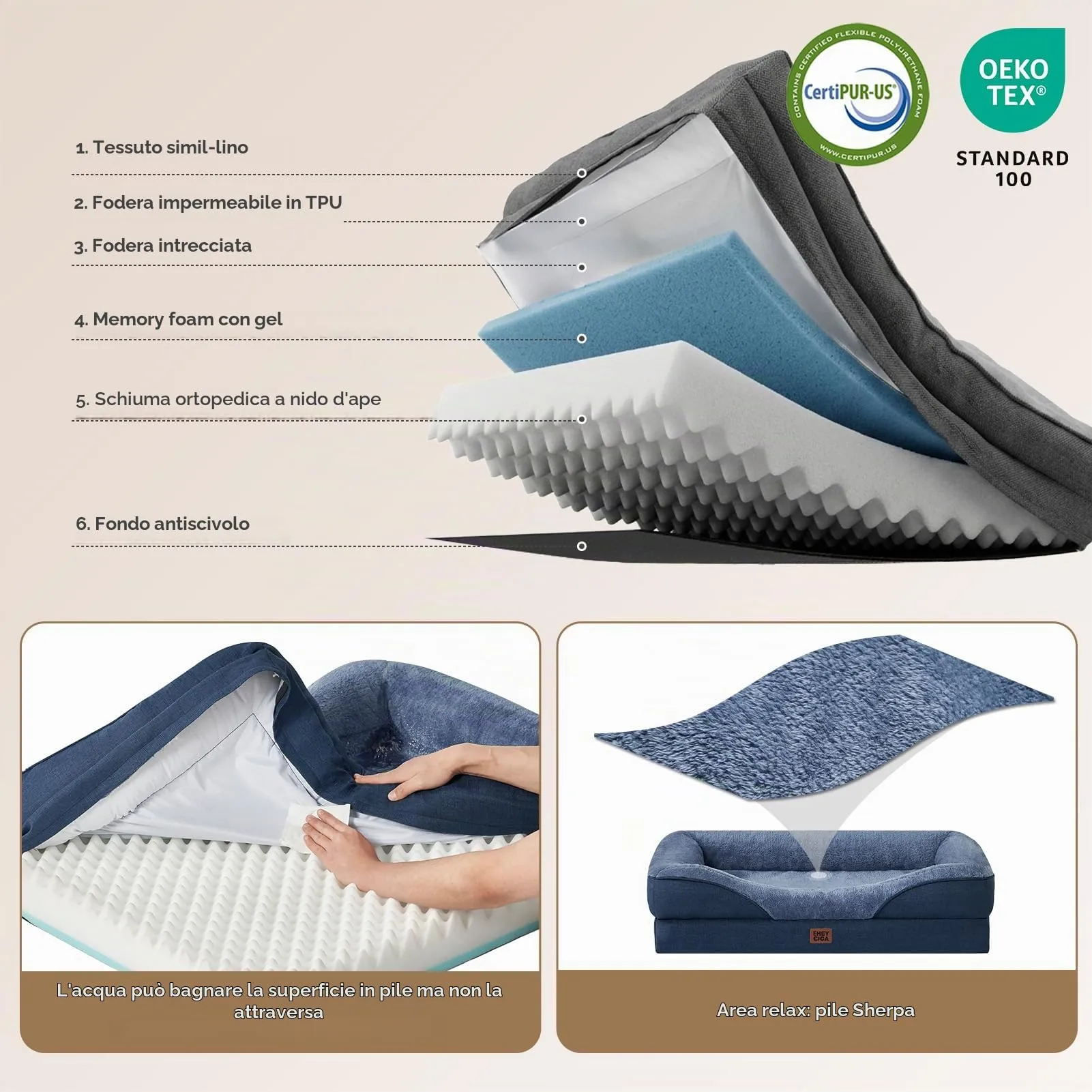 EHEYCIGA Cuccia Cane Interno in Memory Foam, 89x56x16.5cm, Blu Scuro - immagine 2