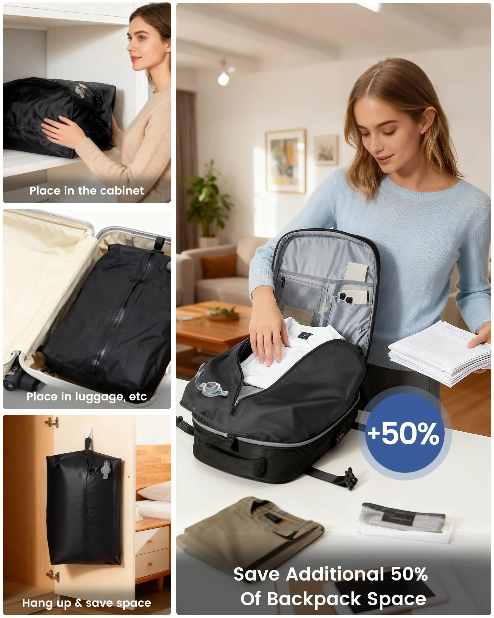 SZLX Zaino da Viaggio Sottovuoto con Pompa 40x30x20 per Ryanair, Wizzair, Easyjet, Bagaglio a Mano con Scomparto Laptop 14 Pollici e Porta Scarpe - immagine 7
