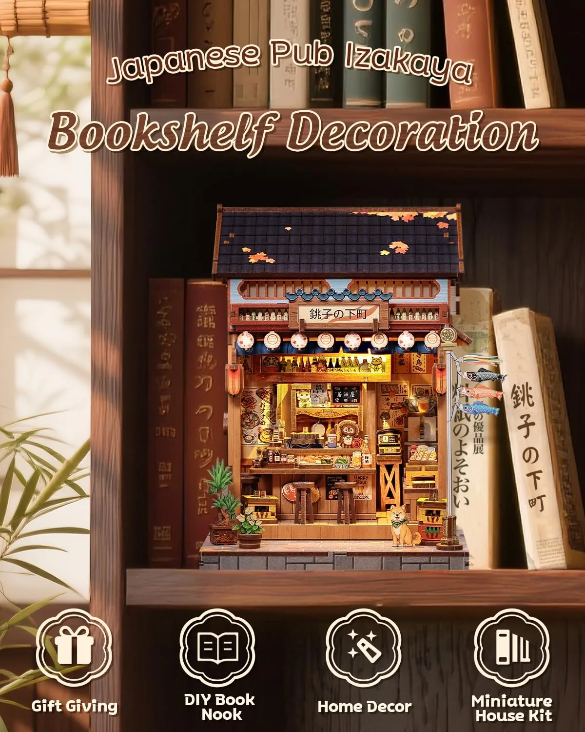 CUTEBEE Book Nook Kit Izakaya Giapponese, Puzzle 3D in Legno per Adulti, Miniatura Casa delle Bambole per Libreria - immagine 3