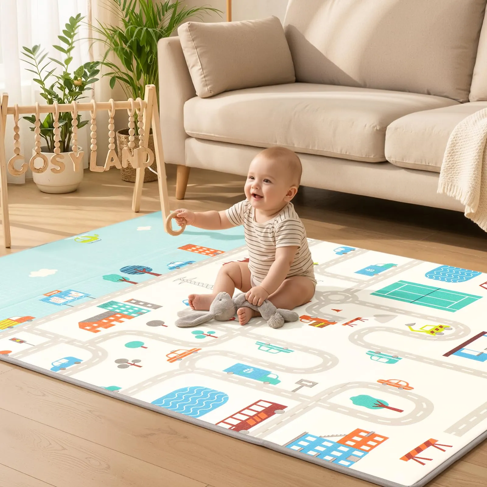 COSYLAND Tappeto Gioco Bambini Pieghevole, 120 x 180 x 1 cm, Orso e Città - immagine 3