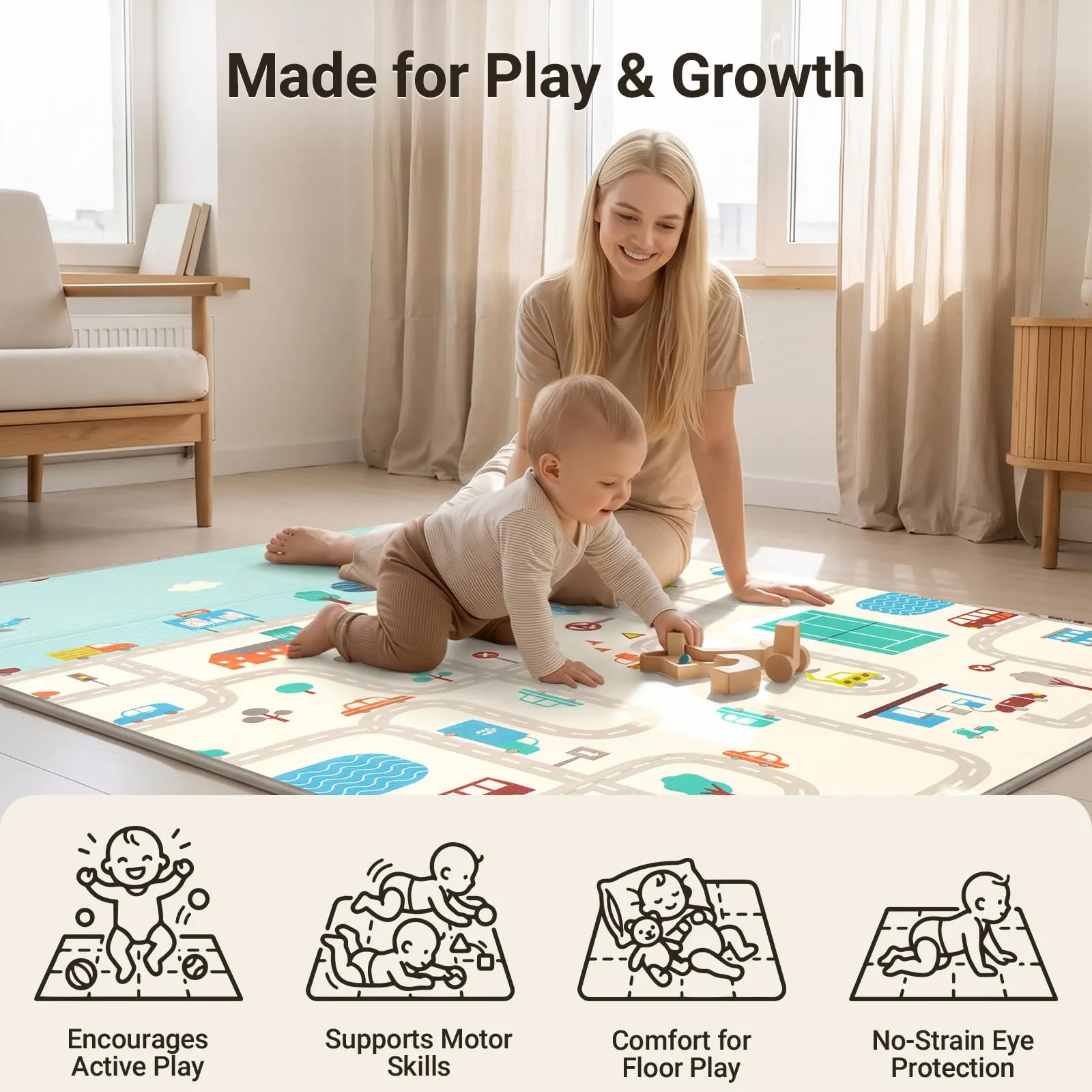 COSYLAND Tappeto Gioco Bambini Pieghevole, 120 x 180 x 1 cm, Orso e Città - immagine 8