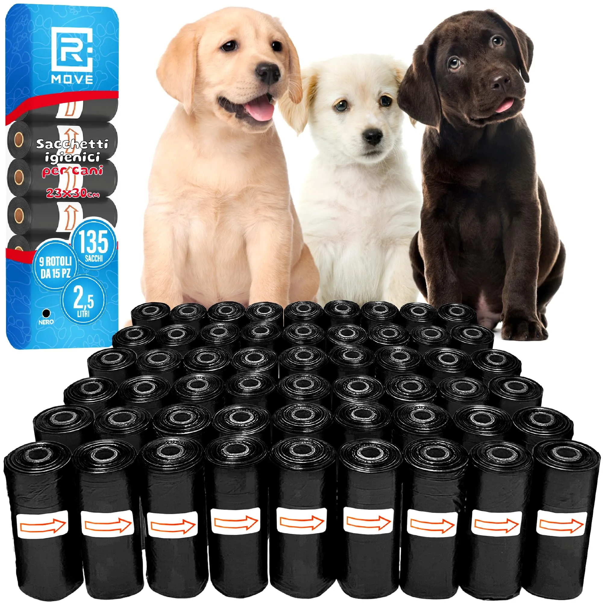 R MOVE Sacchetti Igienici per Cani, 810 pz (54 Rotoli), 30x23 cm, 2,5 Litri - immagine 1