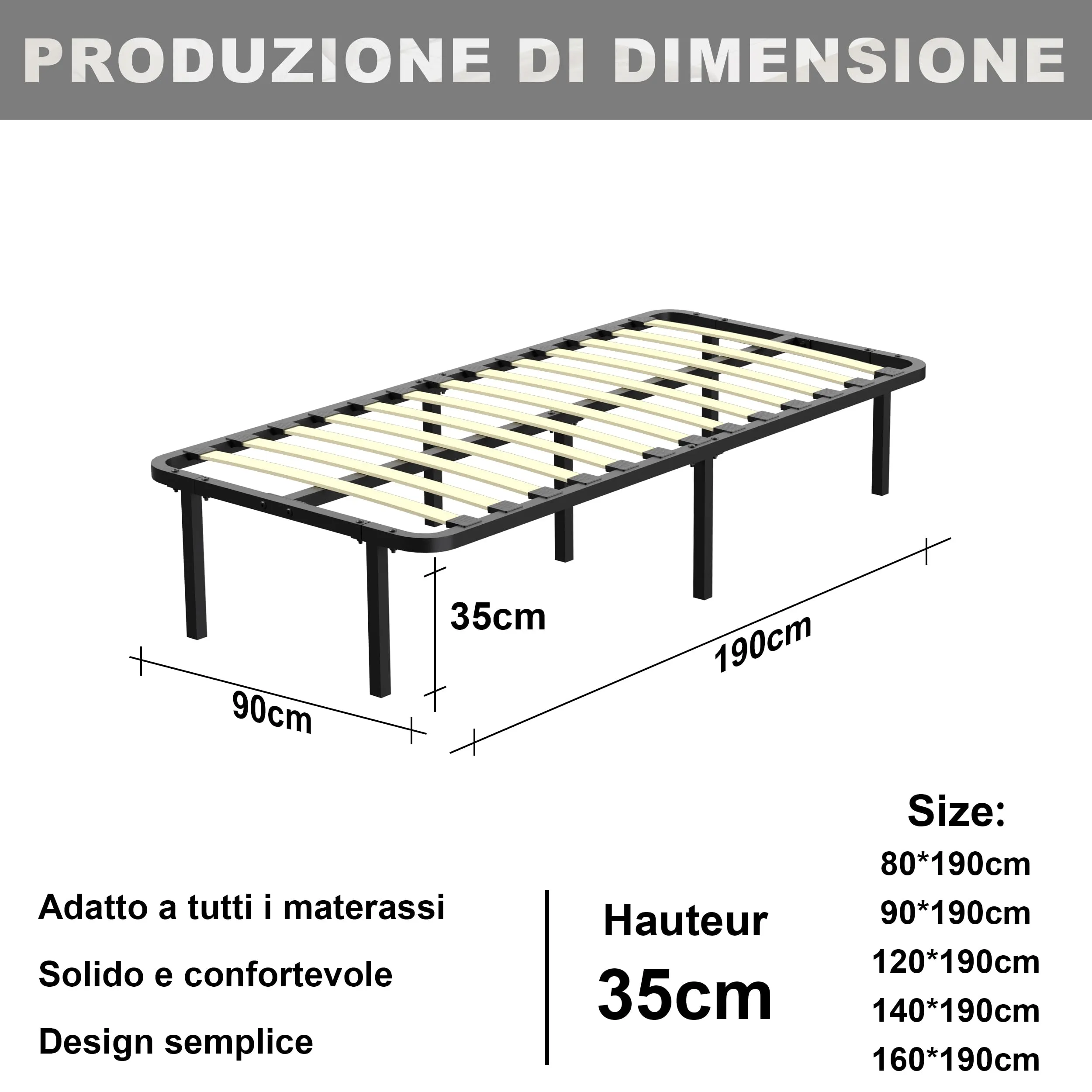 DEWINNER Rete Letto 90x190cm, Altezza 35 cm, 13 Doghe in Legno Pioppo Ortopedica, Singolo con 7 Piedi - immagine 2