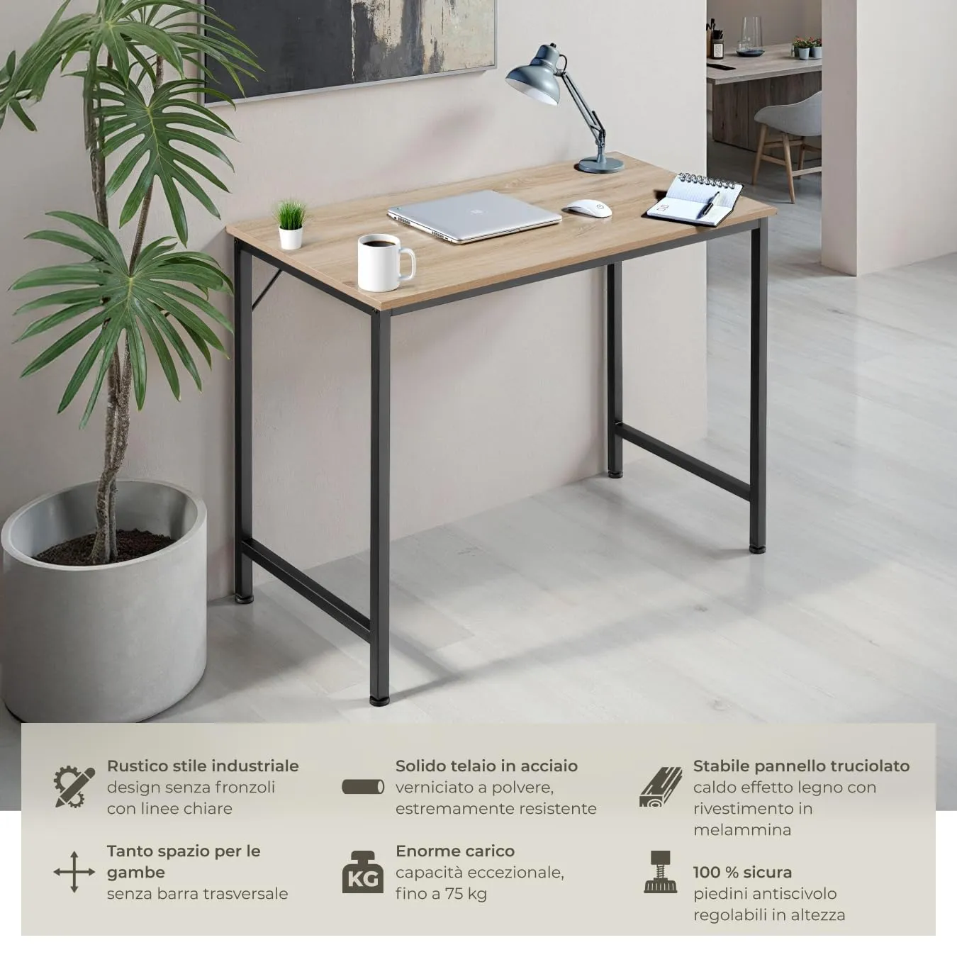 tectake Scrivania Moderna Regolabile in Altezza Design Industriale, Legno e Acciaio, 120x60x75,5 cm, Industriale Chiaro - immagine 2