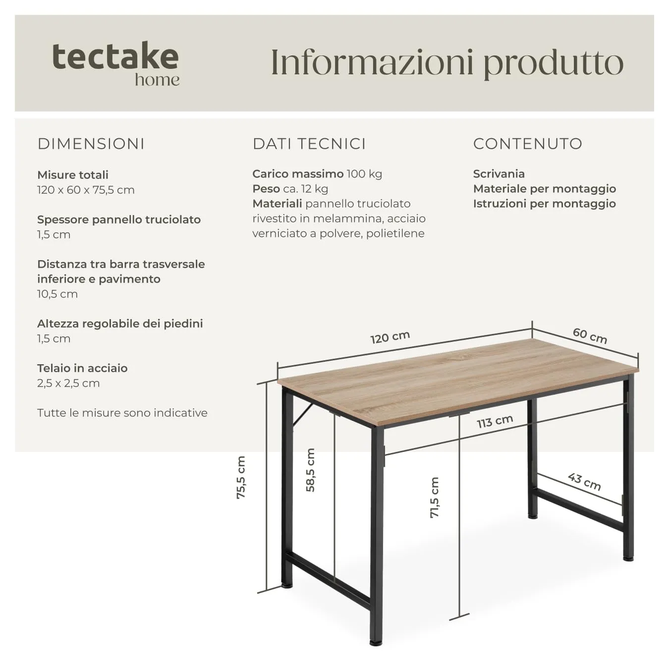 tectake Scrivania Moderna Regolabile in Altezza Design Industriale, Legno e Acciaio, 120x60x75,5 cm, Industriale Chiaro - immagine 6