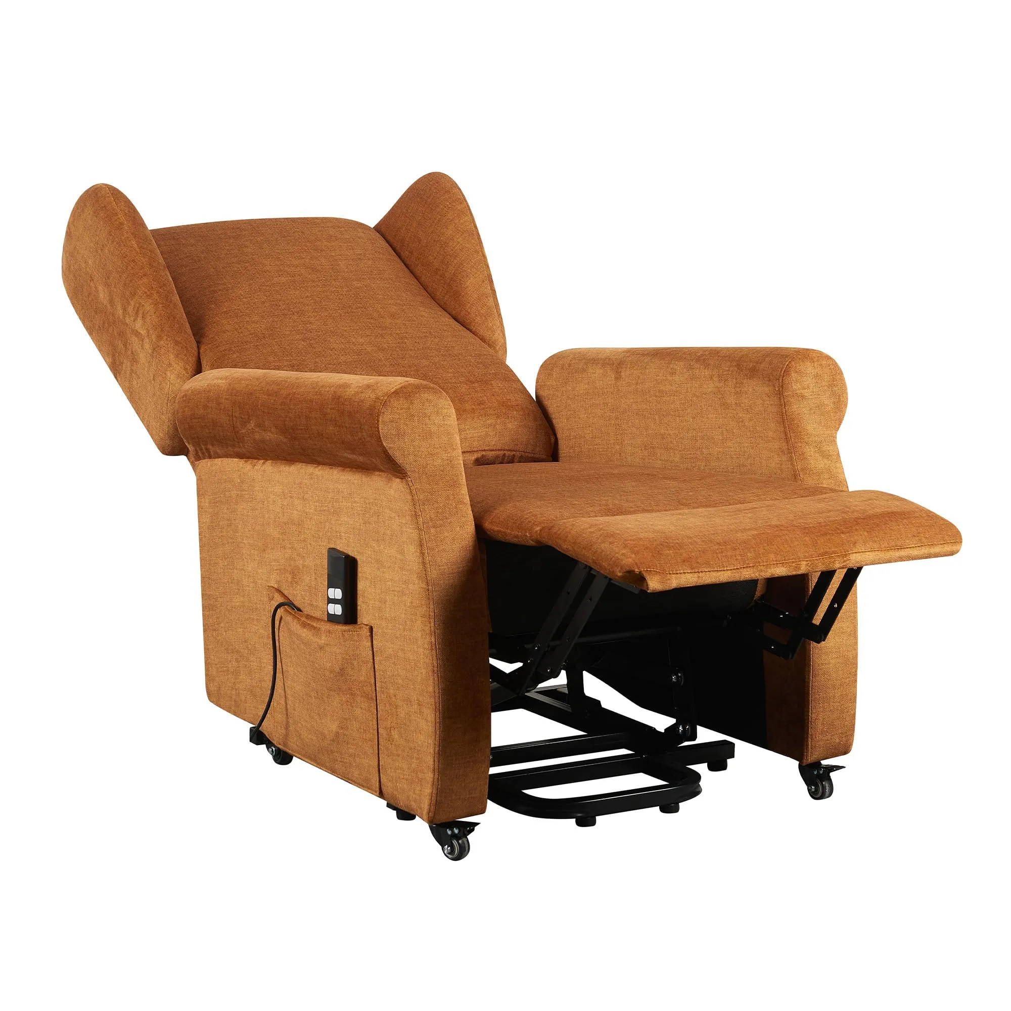 Poltrone Italia Poltrona Alzapersona Elettrica 2 Motori, Reclinazione Indipendente Schienale e Pediera, Kit 4 Ruote, Seduta Indeformabile, Tessuto Cammello - immagine 4