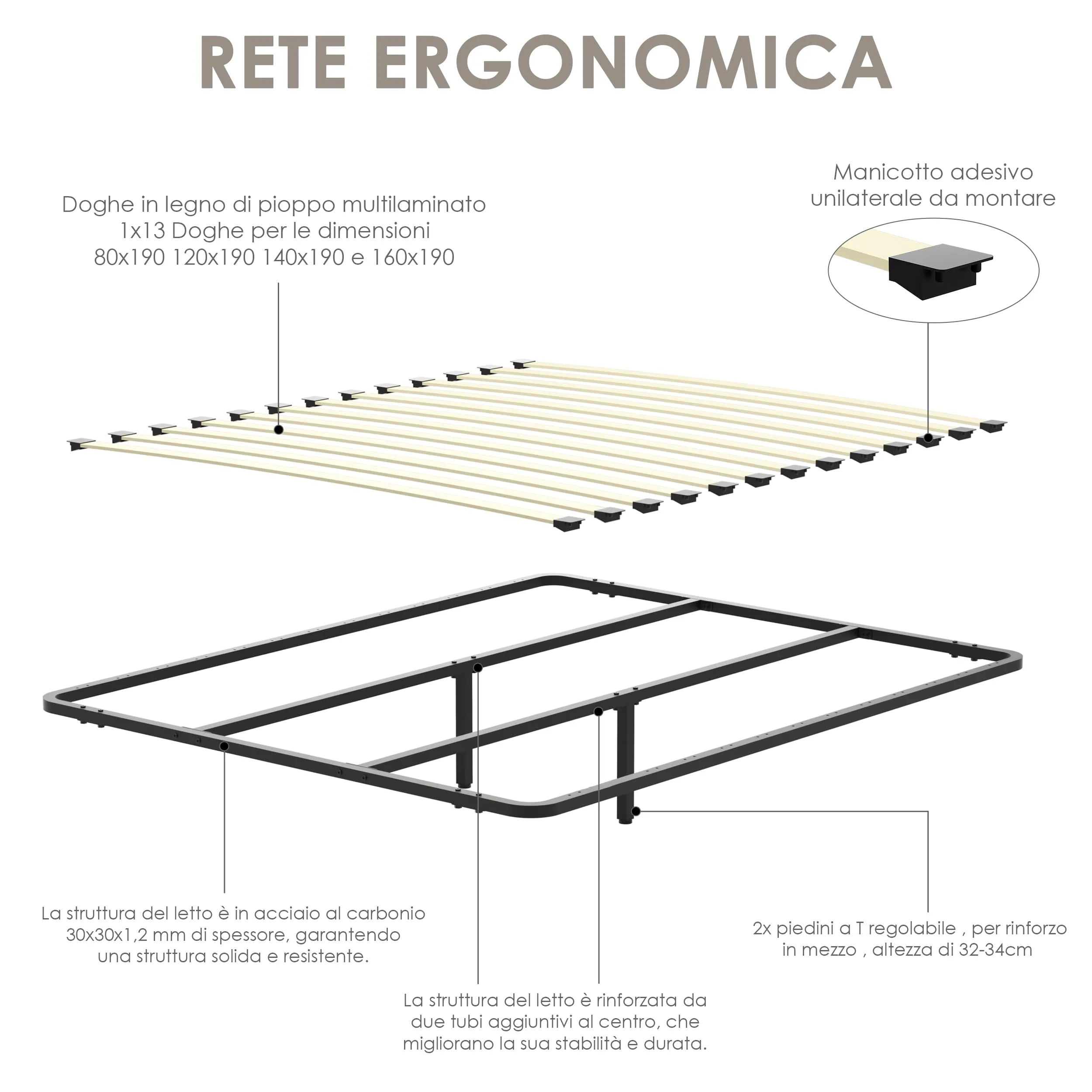 DEWINNER Rete Ortopedica 140x190 cm da Incasso, 13 Doghe, con 2 Barre in Ferro e Piede Centrale Regolabile - immagine 4