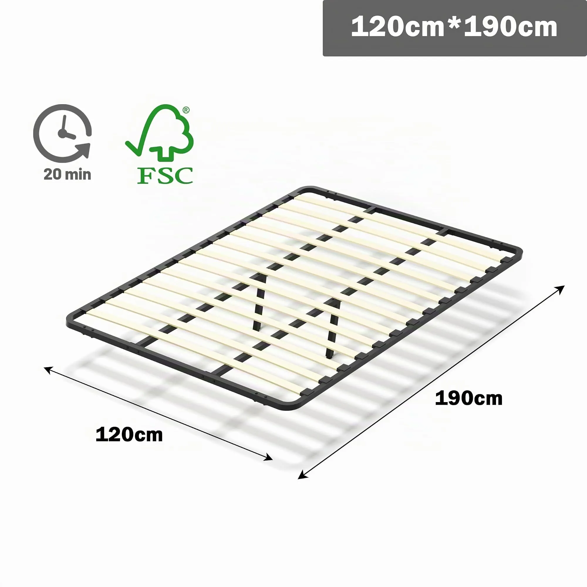 DEWINNER Rete Letto Una Piazza Mezza 120x190 cm senza Piedi da Appoggio con Barre in Ferro e Piede di Rinforzo Centrale - immagine 2