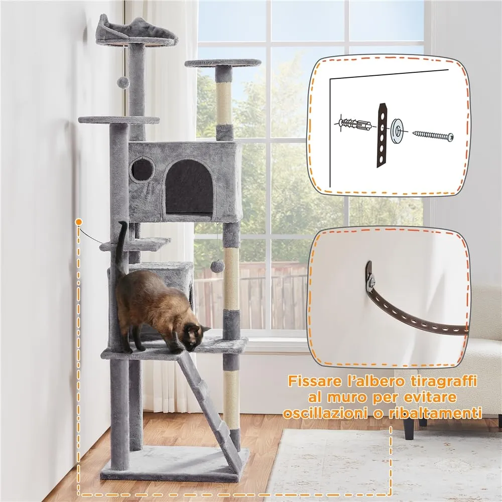 Yaheetech Albero Tiragraffi per Gatti Adulti, 202,5 cm, Grigio Chiaro - immagine 5