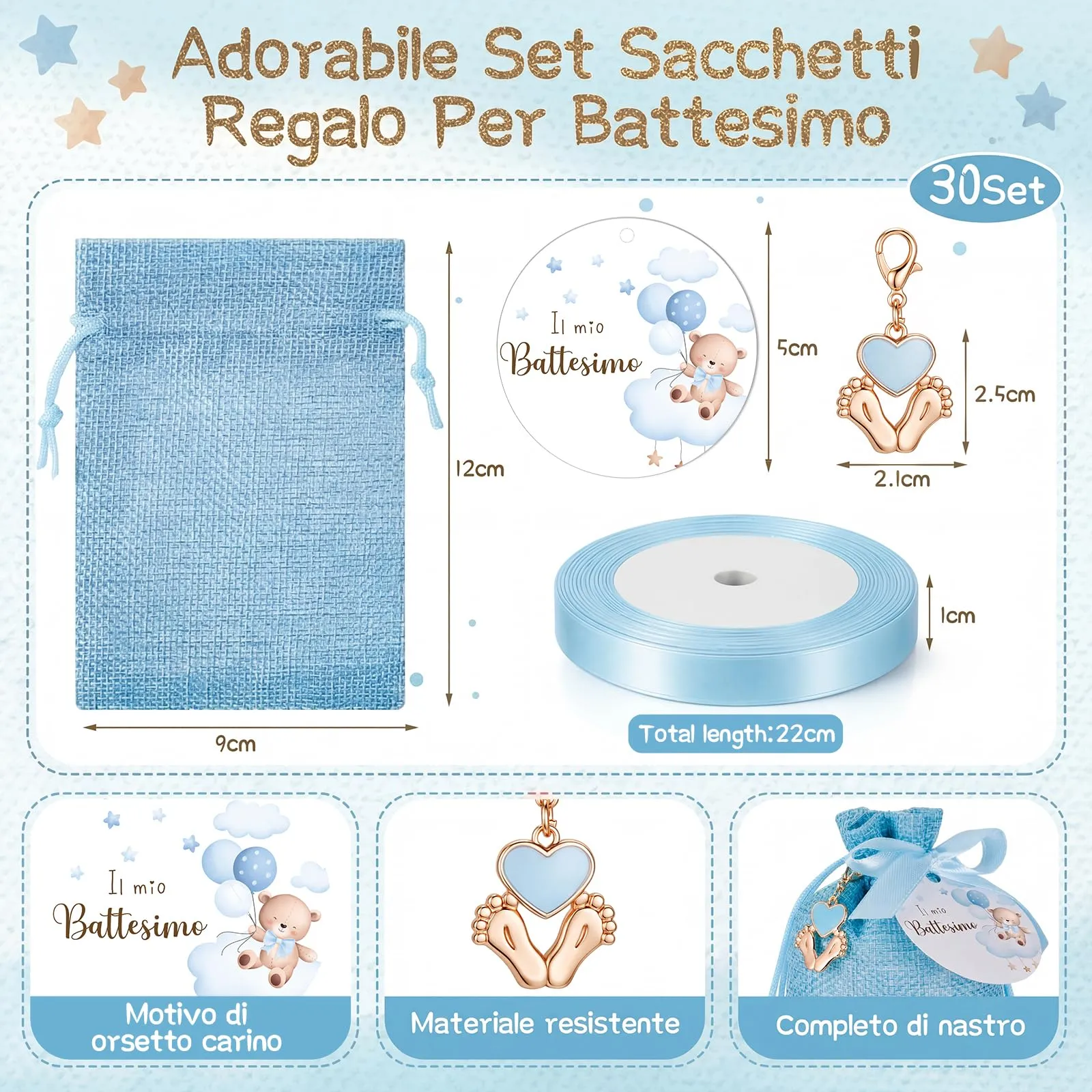 BBTO Set Bomboniere per Battesimo, Orso, Blu, 30 Set - immagine 3
