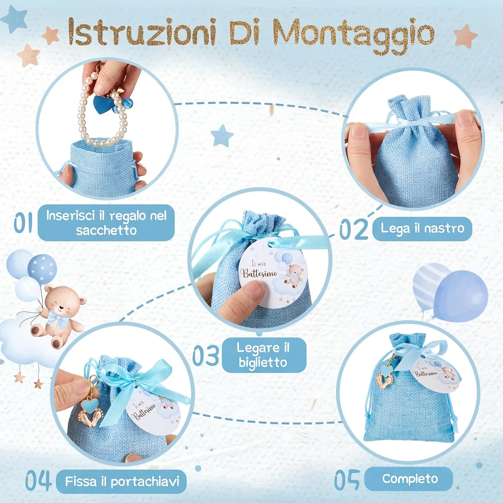 BBTO Set Bomboniere per Battesimo, Orso, Blu, 30 Set - immagine 4