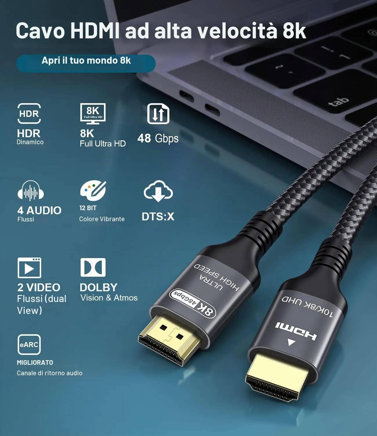 Adauxter Cavo HDMI 2.1 10K 8K 4K, 2.5m - immagine 6