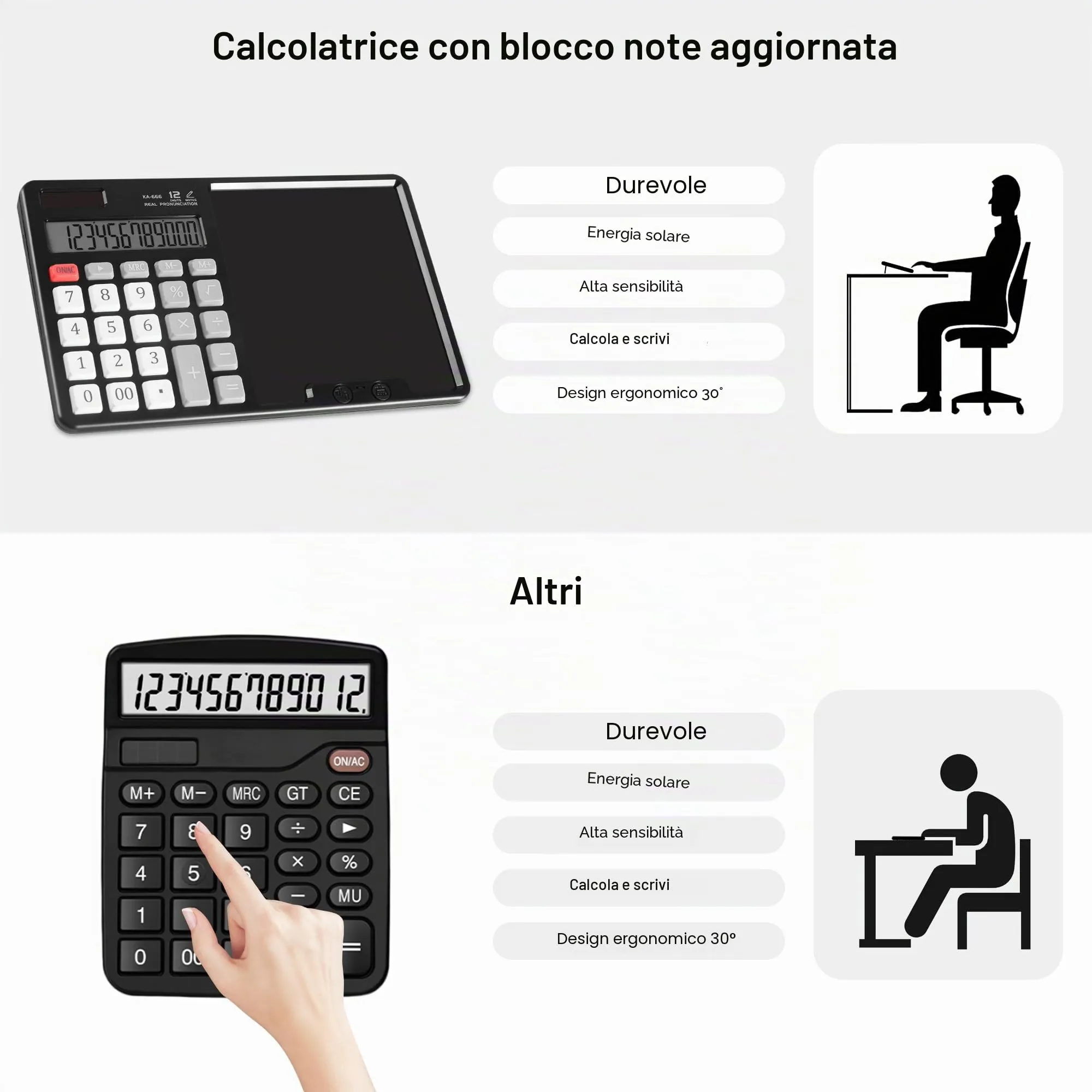 HIHUHEN Calcolatrice da Tavolo 12 Cifre HY-666S con Energia Solare e Batterie AA - immagine 6