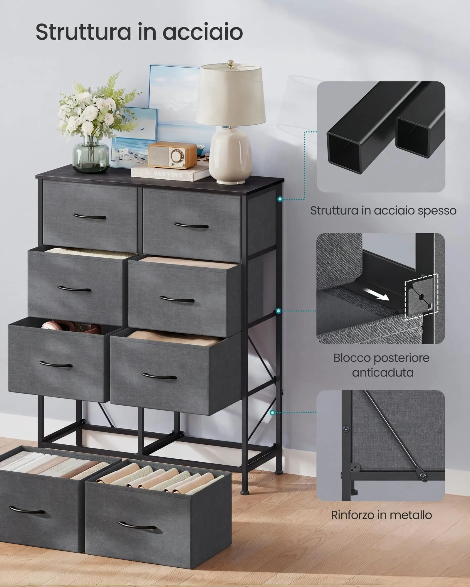 SONGMICS Cassettiera con 8 Cassetti in Acciaio e Tessuto, Grigio Ardesia - immagine 6