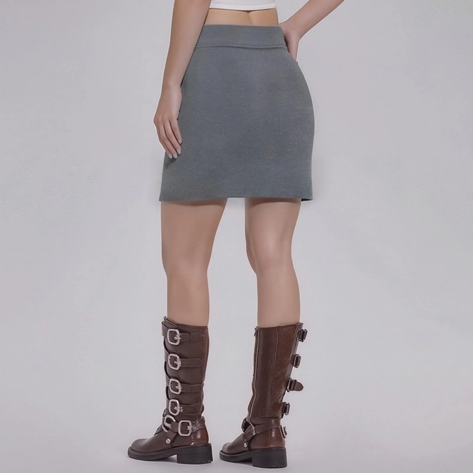 Sahunfri Gonna Corta Donna Elasticizzata in Vita, Grigio, S - immagine 5