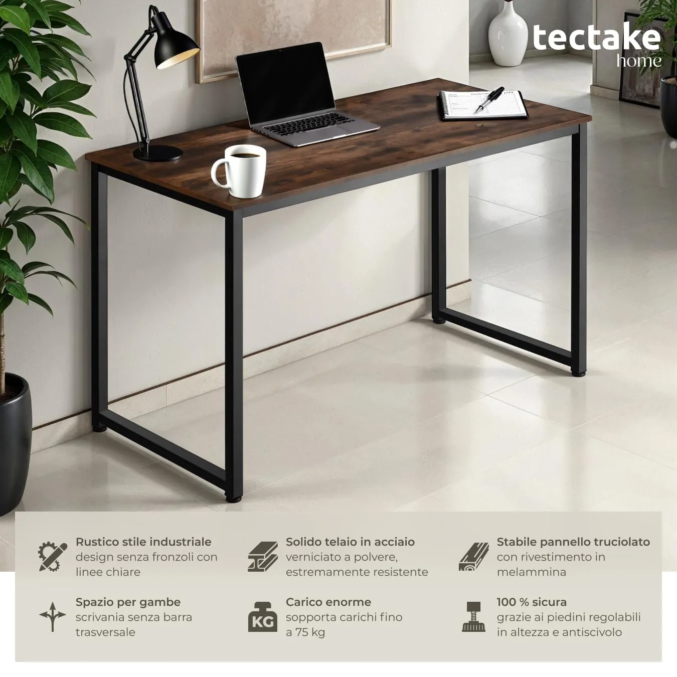tectake Scrivania Moderna Regolabile in Altezza, Design Industriale, Legno e Acciaio, 140x59x76,5 cm, Industriale Scuro - immagine 2