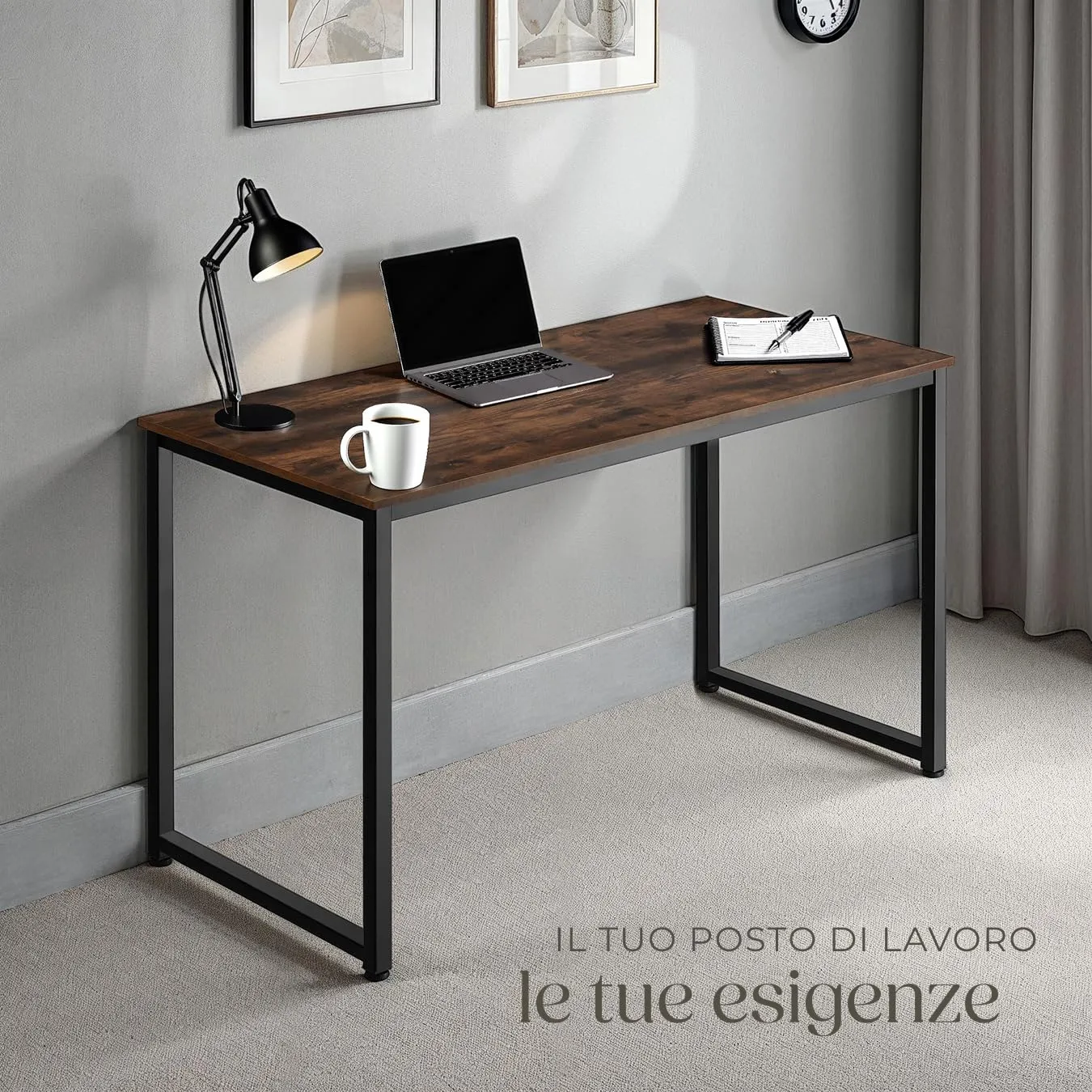 tectake Scrivania Moderna Regolabile in Altezza, Design Industriale, Legno e Acciaio, 140x59x76,5 cm, Industriale Scuro - immagine 7