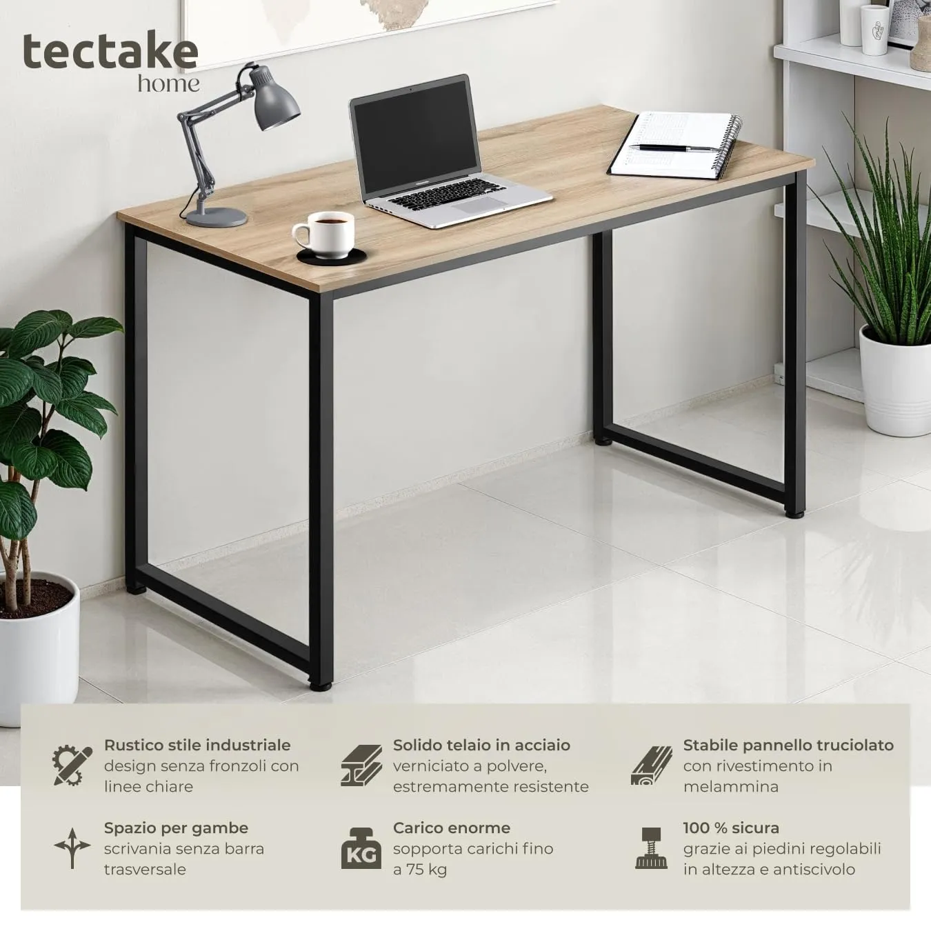 tectake Scrivania Moderna Regolabile in Altezza, Design Industriale in Legno e Acciaio, 120x59x76,5 cm, Industriale Chiaro - immagine 2