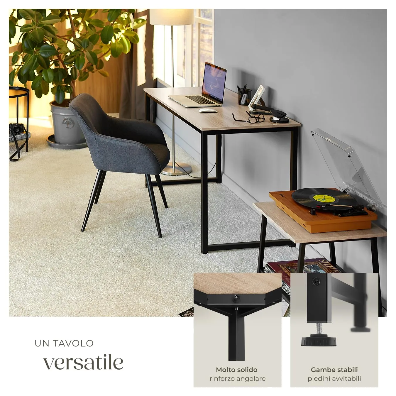 tectake Scrivania Moderna Regolabile in Altezza, Design Industriale in Legno e Acciaio, 120x59x76,5 cm, Industriale Chiaro - immagine 4