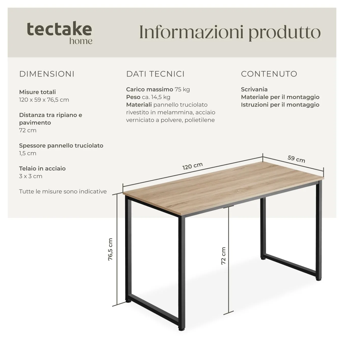 tectake Scrivania Moderna Regolabile in Altezza, Design Industriale in Legno e Acciaio, 120x59x76,5 cm, Industriale Chiaro - immagine 6