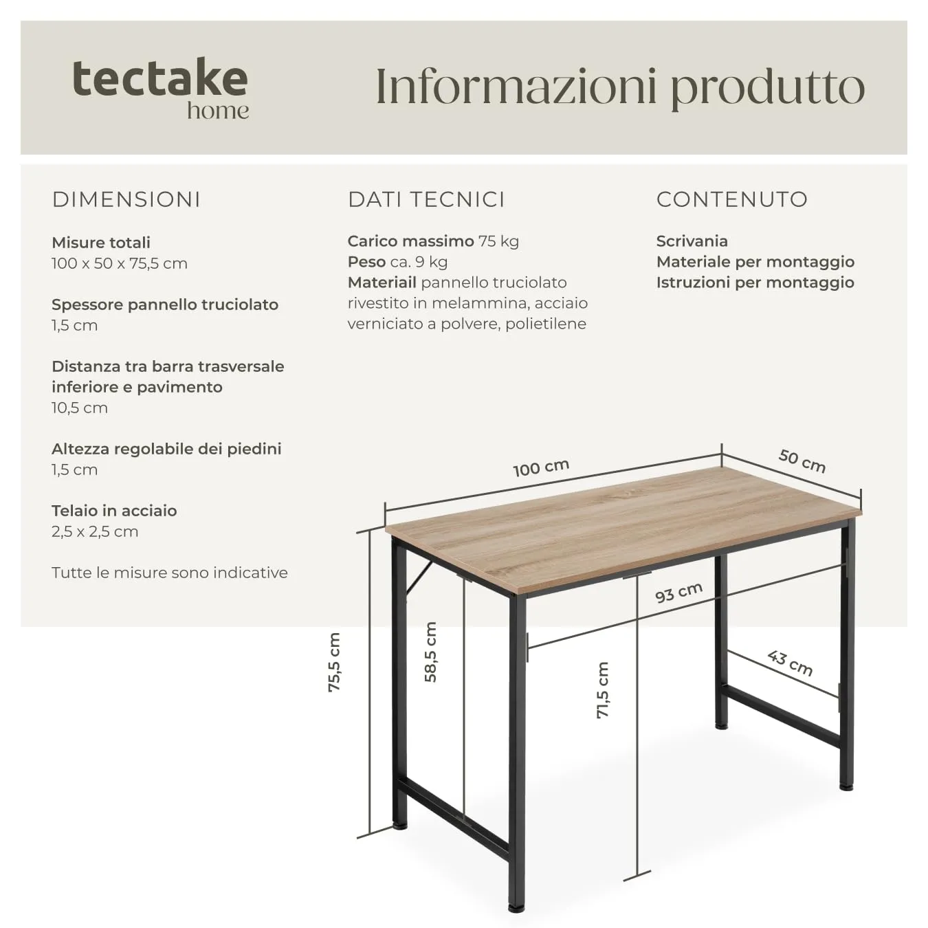 tectake Scrivania Ufficio Moderna 100x50x75,5 cm, Regolabile in Altezza, Legno Industriale Chiaro Rovere Sonoma - immagine 6