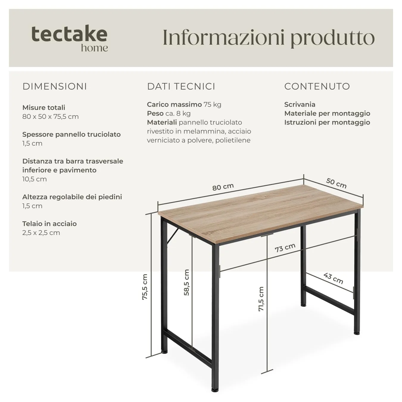 tectake Scrivania Moderna Industriale Regolabile in Altezza, Legno e Acciaio, 80x50x75,5 cm, Industriale Chiaro - immagine 2