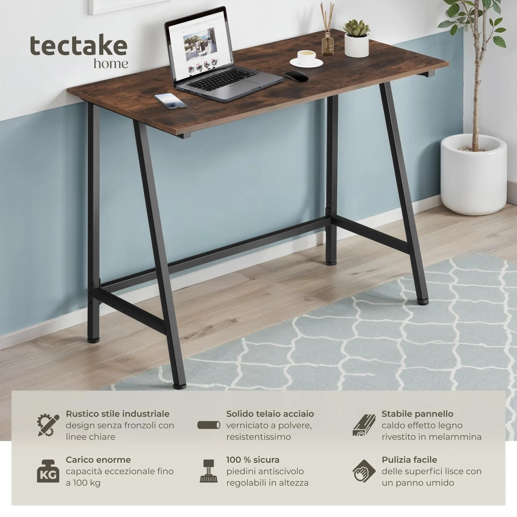 tectake Scrivania Gaming e da Lavoro 100 x 50 x 77 cm, Telaio in Acciaio, Legno Industriale Scuro - immagine 2