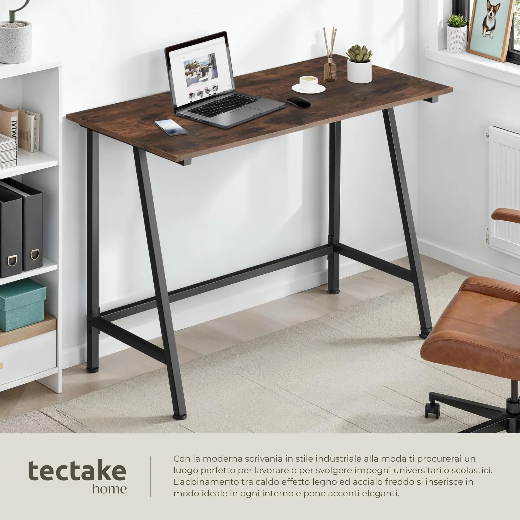 tectake Scrivania Gaming e da Lavoro 100 x 50 x 77 cm, Telaio in Acciaio, Legno Industriale Scuro - immagine 4