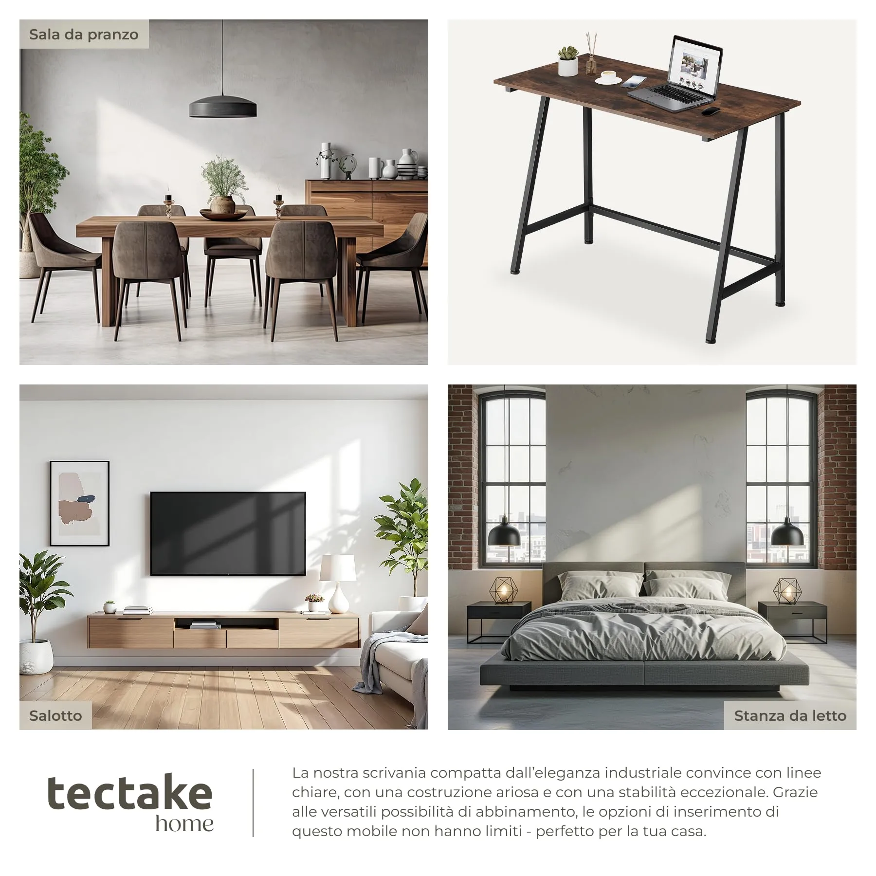 tectake Scrivania Gaming e da Lavoro 100 x 50 x 77 cm, Telaio in Acciaio, Legno Industriale Scuro - immagine 5