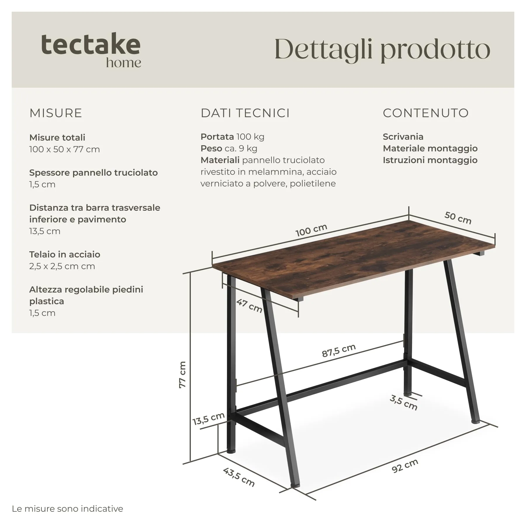 tectake Scrivania Gaming e da Lavoro 100 x 50 x 77 cm, Telaio in Acciaio, Legno Industriale Scuro - immagine 6