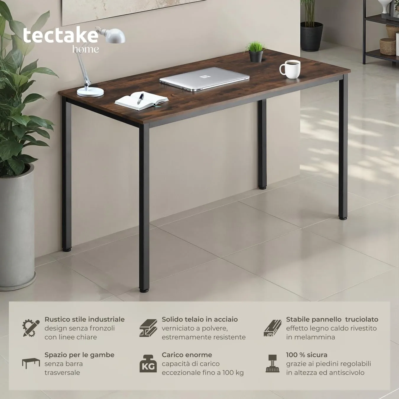 tectake Scrivania Gaming 120 x 60 x 75,5 cm, Stile Industriale - Legno Scuro - immagine 2
