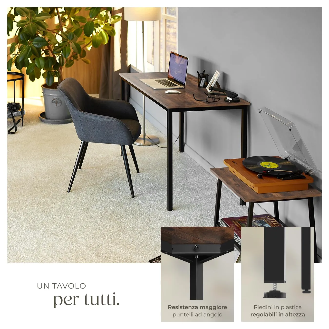 tectake Scrivania Gaming 120 x 60 x 75,5 cm, Stile Industriale - Legno Scuro - immagine 4
