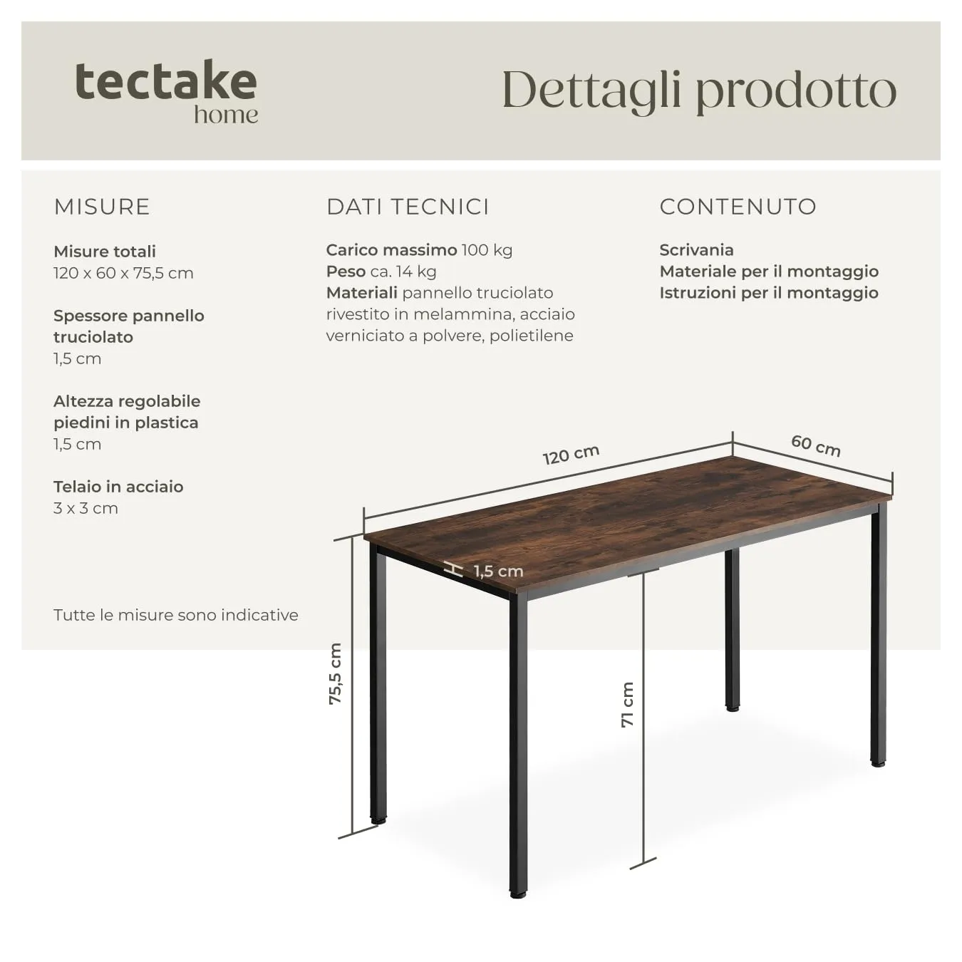 tectake Scrivania Gaming 120 x 60 x 75,5 cm, Stile Industriale - Legno Scuro - immagine 6