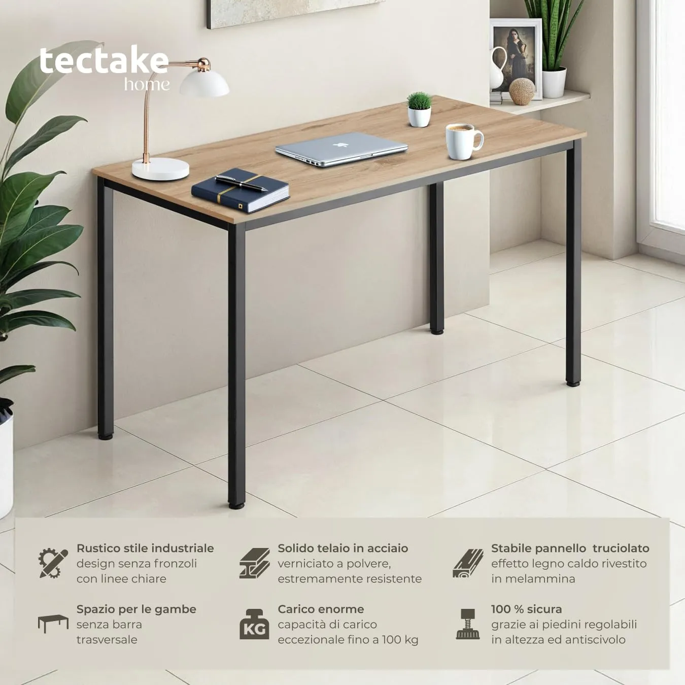 tectake Scrivania Gaming 120 x 60 x 75,5 cm, Stile Industriale - Legno Chiaro - immagine 2