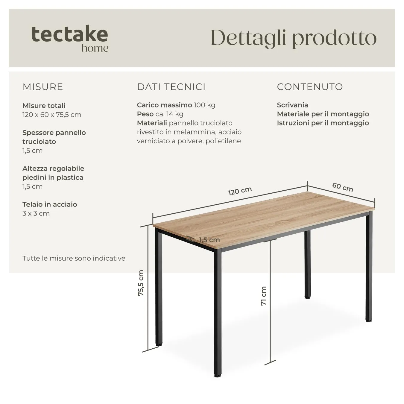 tectake Scrivania Gaming 120 x 60 x 75,5 cm, Stile Industriale - Legno Chiaro - immagine 6