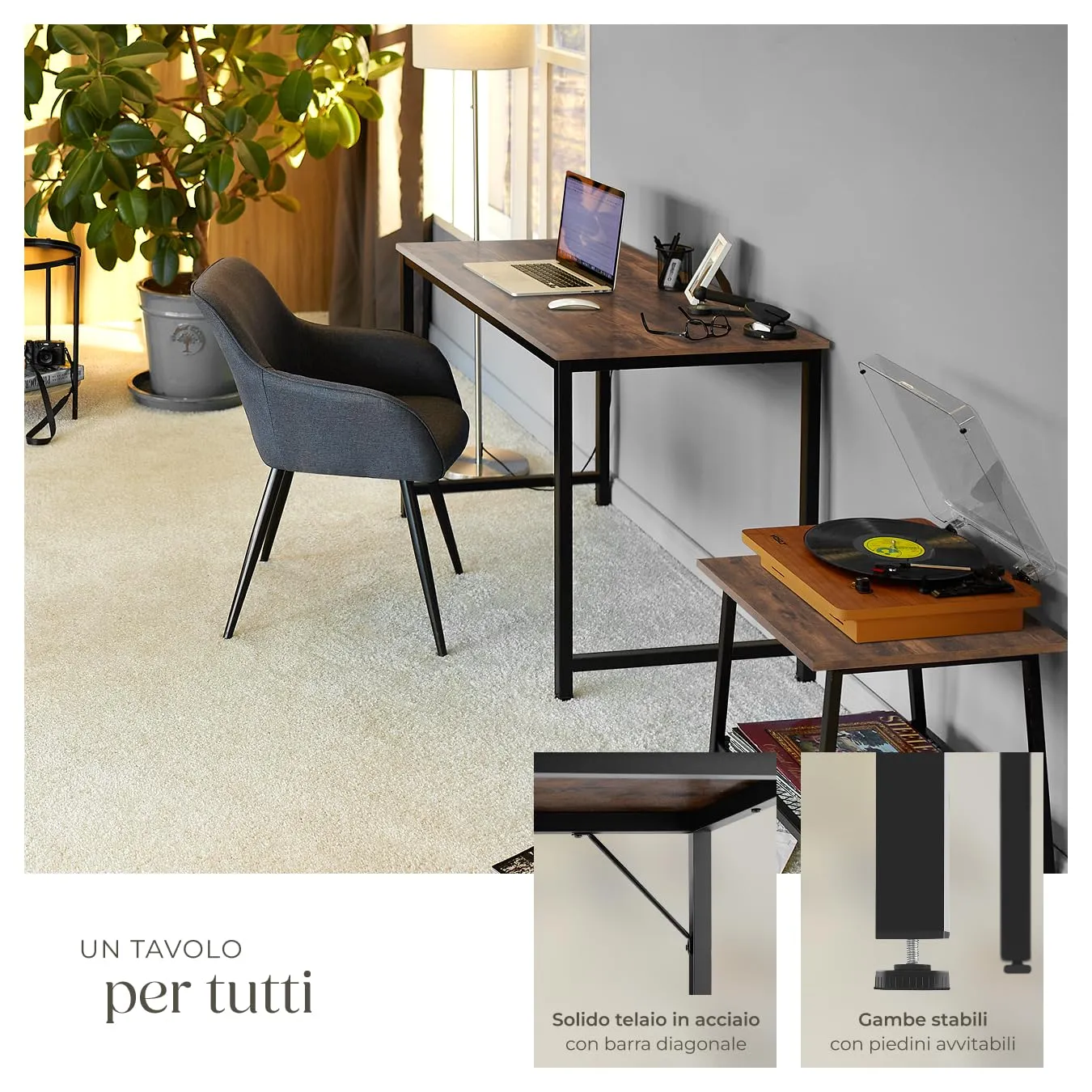 tectake Scrivania Moderna Regolabile in Altezza Design Industriale, Legno e Acciaio, 80x50x75,5 cm, Industriale Scuro - immagine 4