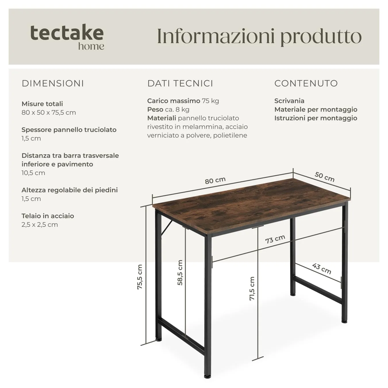 tectake Scrivania Moderna Regolabile in Altezza Design Industriale, Legno e Acciaio, 80x50x75,5 cm, Industriale Scuro - immagine 6