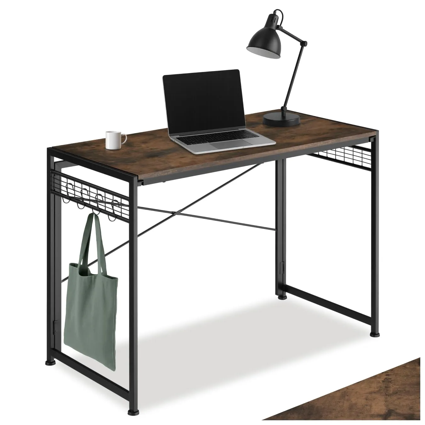 tectake Scrivania Pieghevole Industriale, Regolabile in Altezza, Telaio in Acciaio e Superfici in Reticolato, 102 x 51 x 77 cm, Industriale Scuro - immagine 1