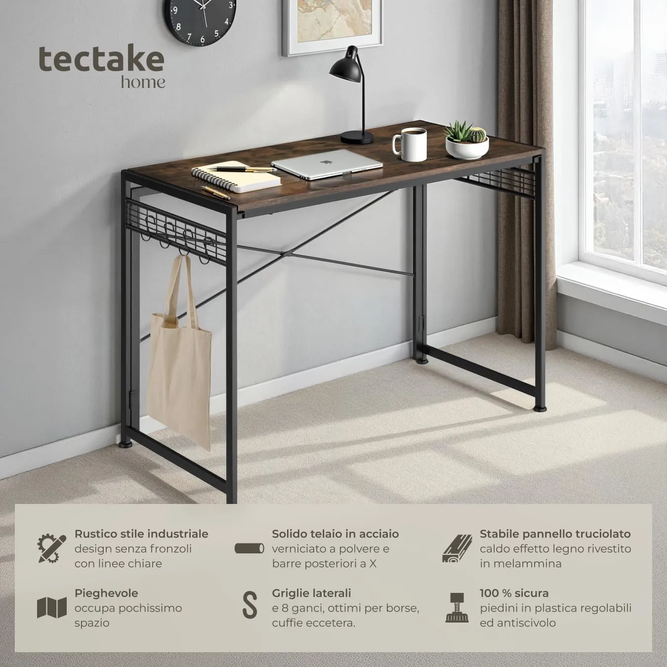 tectake Scrivania Pieghevole Industriale, Regolabile in Altezza, Telaio in Acciaio e Superfici in Reticolato, 102 x 51 x 77 cm, Industriale Scuro - immagine 2